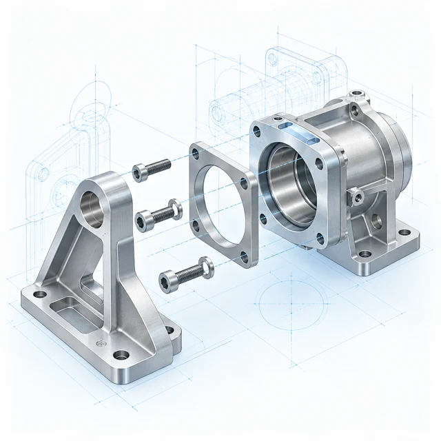 Exploded CAD illustration of a mechanical bracket and precision housing