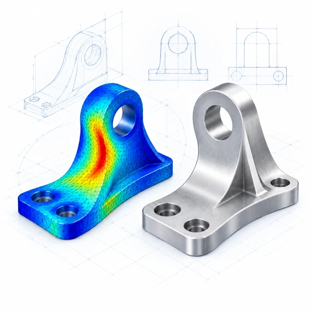Finite element mesh and stress contours on a mechanical bracket