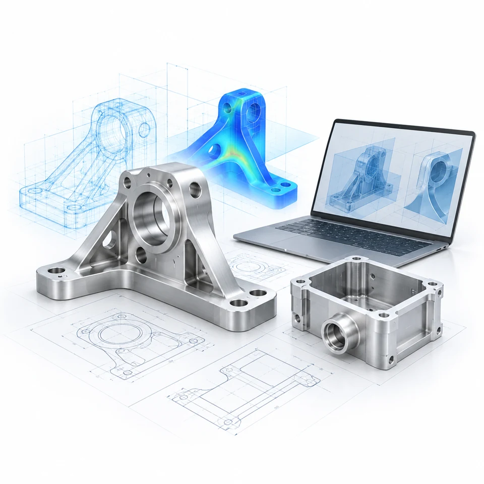 Mechanical components with CAD wireframes and simulation visualization on an engineering workstation