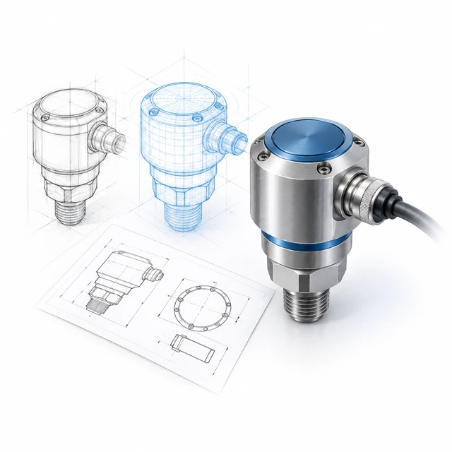Industrial sensor concept shown as a sketch, CAD wireframe and engineered product