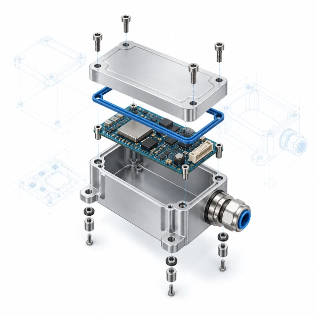 Exploded product enclosure with circuit board and fasteners