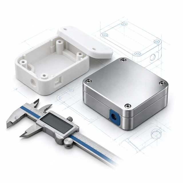 Printed prototype and metal enclosure beside a precision caliper