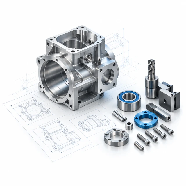 Machined housing with assembly components and technical drawings