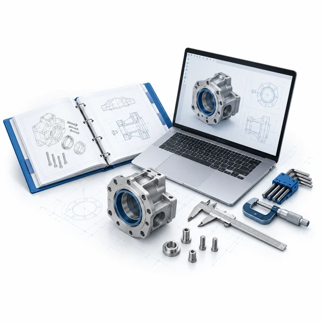 Engineering reference binder, CAD laptop and practical measurement tools