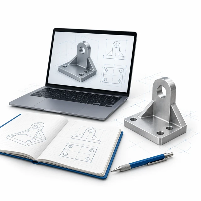 CAD training example with laptop, mechanical bracket and exercise notebook