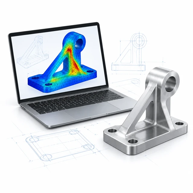 Finite element simulation example beside a mechanical bracket
