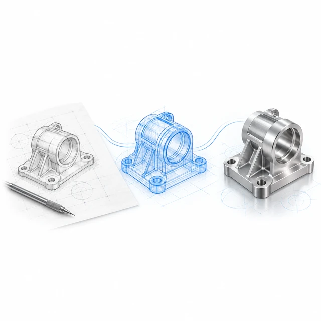 Engineering workflow from concept sketch to CAD model and finished component
